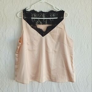 Satin Beige Blouse Black Lace Trim Sexy Neutral Slinky Nude Plus Boxy Flowy 1x